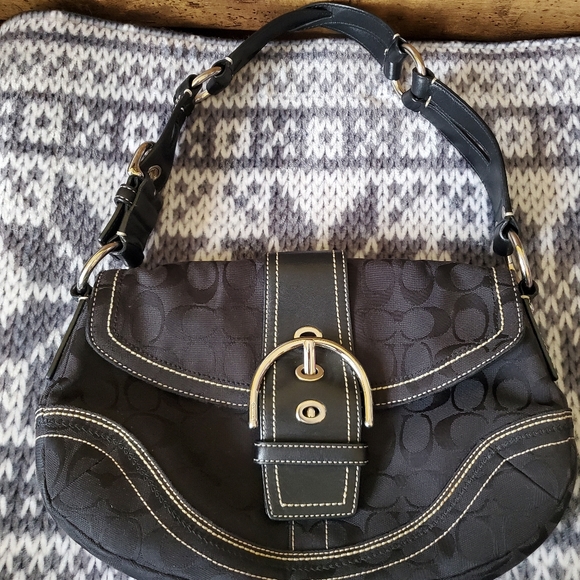 COACH 10603 Black Canvas & Leather Signature Handbag Purse - Picture 1 of 8